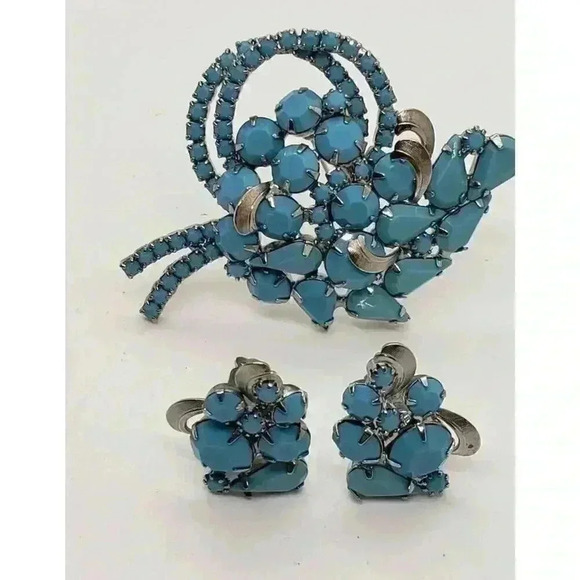 Alice Caviness Rare Set Brooch & Earrings Faux Turquoise Vintage Signed - Picture 7 of 16